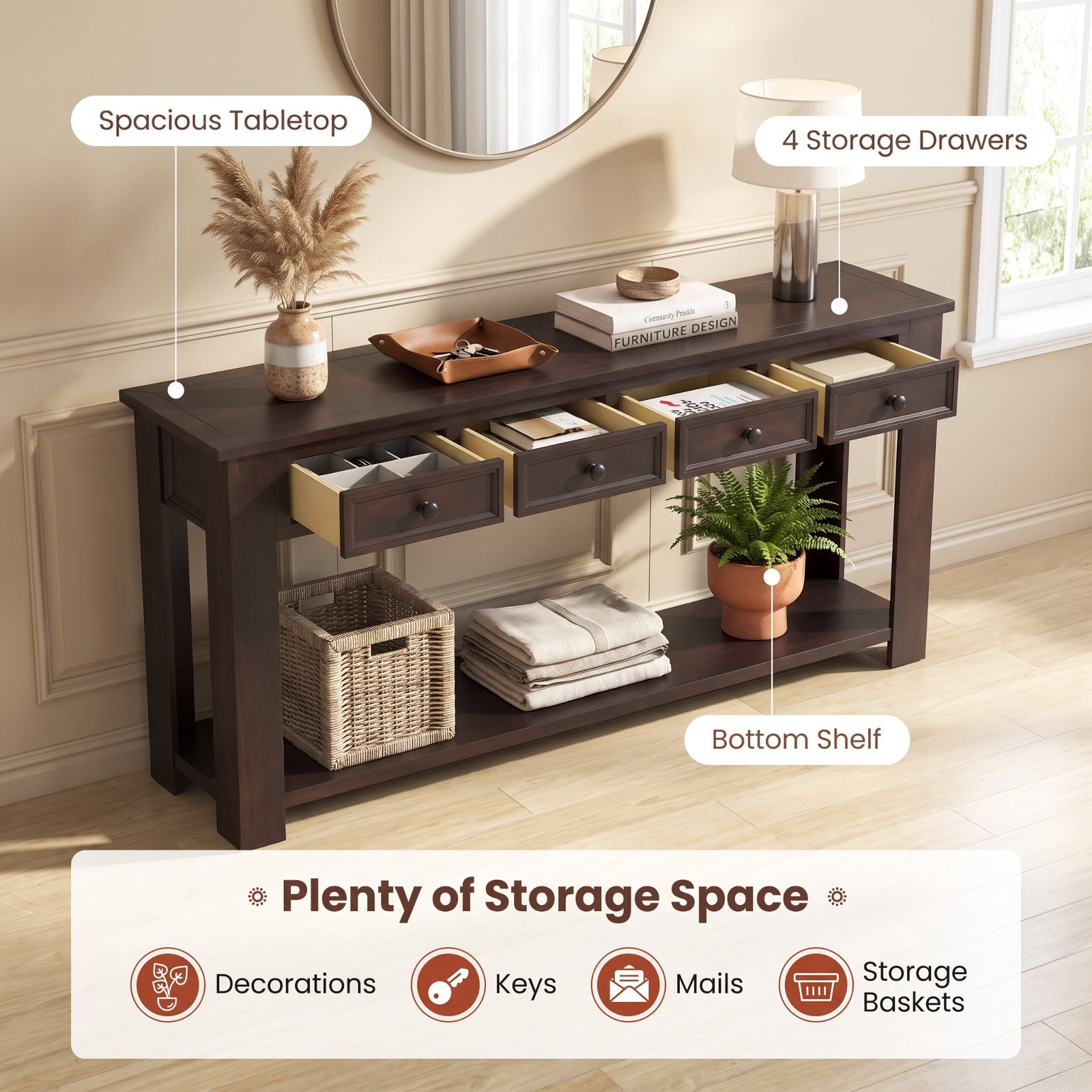 Furnibear 63 Inch Farmhouse Entryway Table Long Console Table with 4 Storage Drawers and Open Shelf for Living Room Hallway Sofa, Espresso