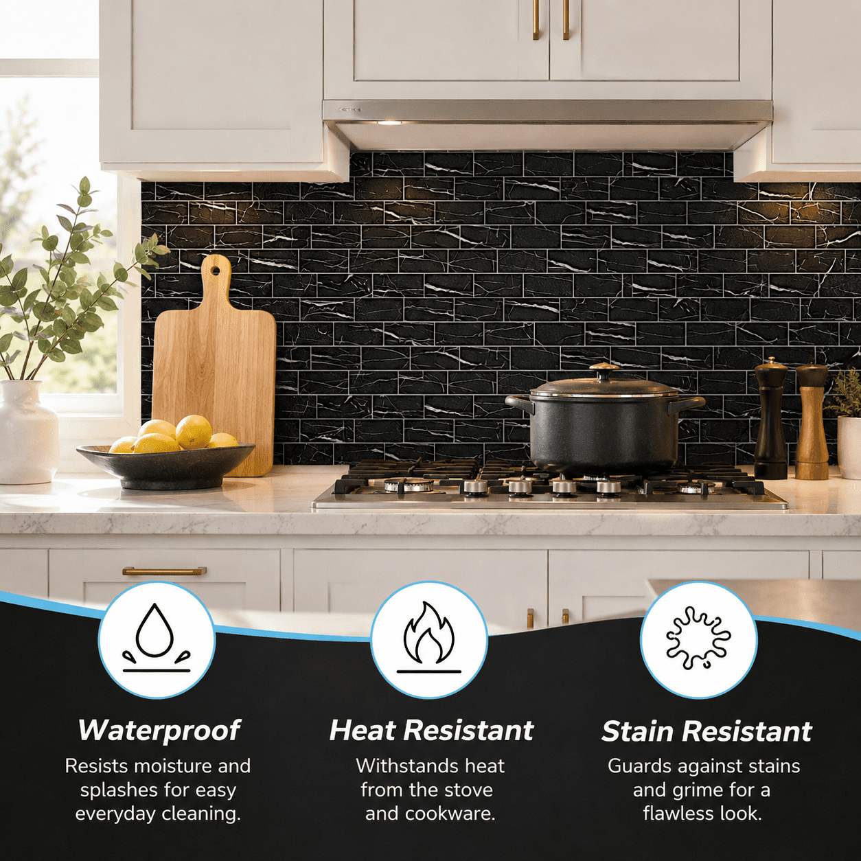 Yeslife 102-Pack Peel and Stick Backsplash Tile, 3" x 6" Black Marble PVC Waterproof Subway Wall Tiles for Kitchen & Bathroom, 12.75 Sq Ft