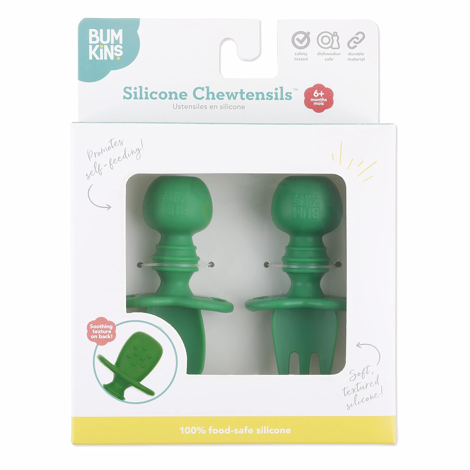 Bumkins Baby Feeding Chewtensils, Training Fork and Spoon Set, Utensils Ages 6 Mos+ (Jade)