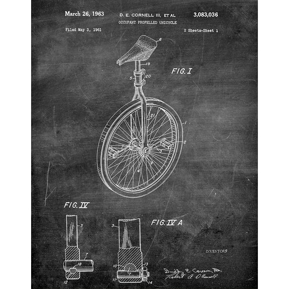 Original Unicycle Artwork Submitted In 1963 - Bicycles - Patent Art Print