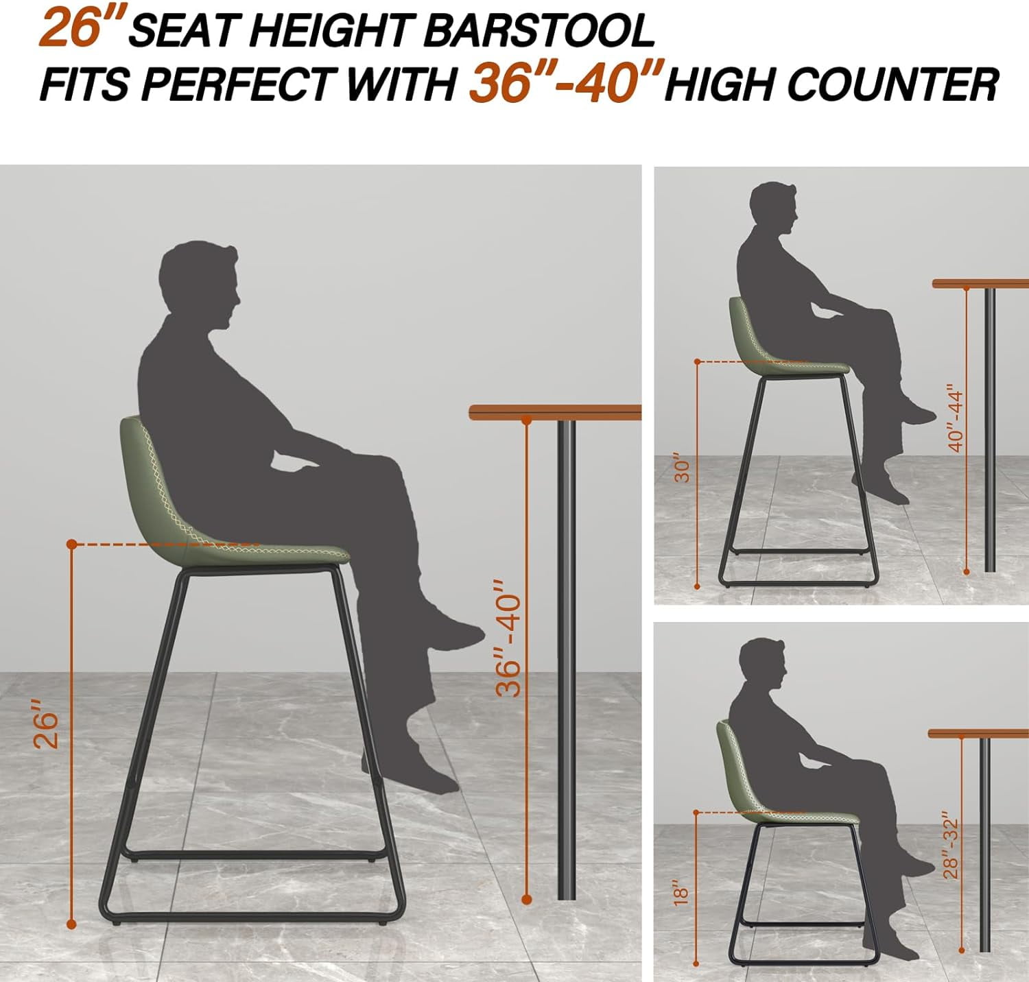 HeuGah Set Of 3 Counter Height Bar Stools – 26" Brown Faux Leather, Back Support, Metal Legs & Footrest, For Kitchen Island, 300lb Capacity