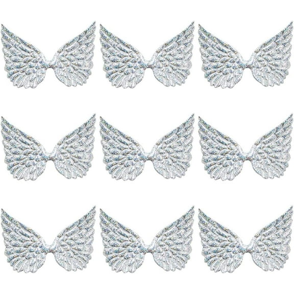 3.54 Inch 50 Pcs Silver Angel Wings Patch Small Cloth Embossed Shiny Mini Wing Fabric with Glitter Powders Applique Iron On Embroidered Patches for Decorations Accessories DIY Craft Supply Silver