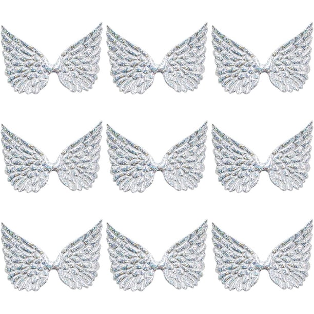 Parches de alas de ángel plateadas de 3,54 pulgadas (50 unidades), pequeños parches de tela con relieve brillante y purpurina para planchar.
