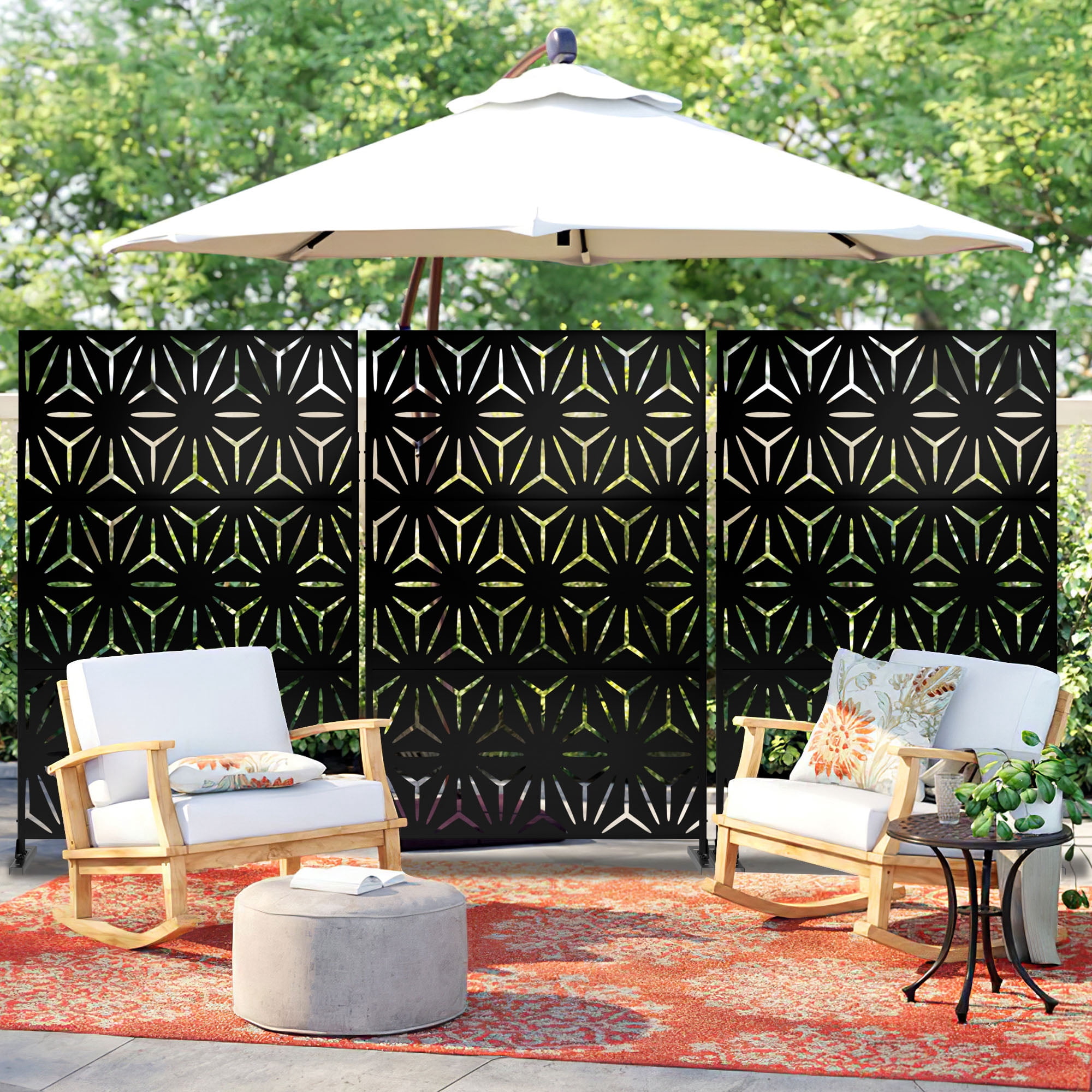 MAYEERTY 72×47" Outdoor Black Metal Privacy Panel Screen for Backyard & Garden, Geometric Starburst Pattern