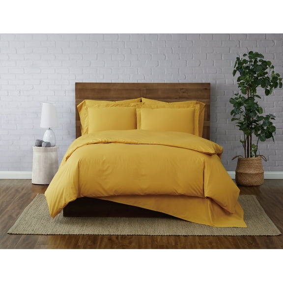 Brooklyn Loom Classic Cotton 200 Thread Count Solid 100% Cotton Percale 3-Piece Full/Queen Duvet Set in Mustard, Cotton , Adult, All Season, OEKO-TEX Certified