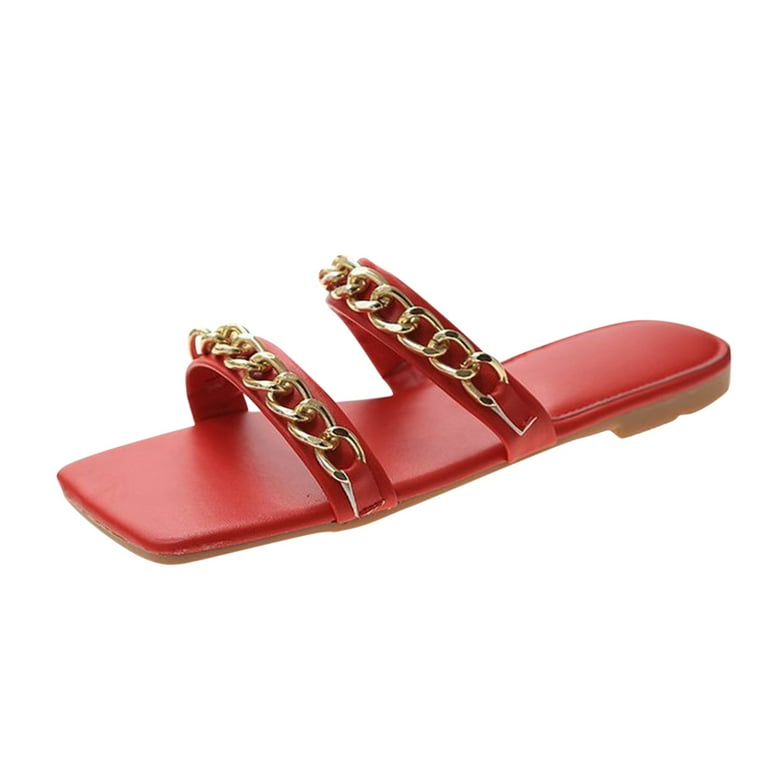 Fashion Spring Summer Women Slippers Metal Chain Flat Heel Flat
