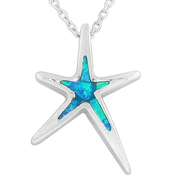 925 Sterling Silver Blue Simulated Opal Starfish Pendant Necklace