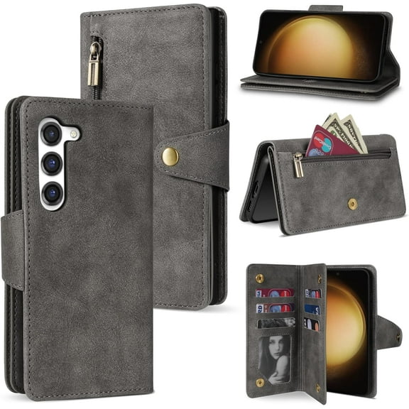 Compatible with Samsung Galaxy S23 Case Wallet with RFID Blocking Card Slot Flip Leather Zipper with Strap Protective Phone Case for Samsung Galaxy S23 Wallet Case(Grey-6.1 inch)