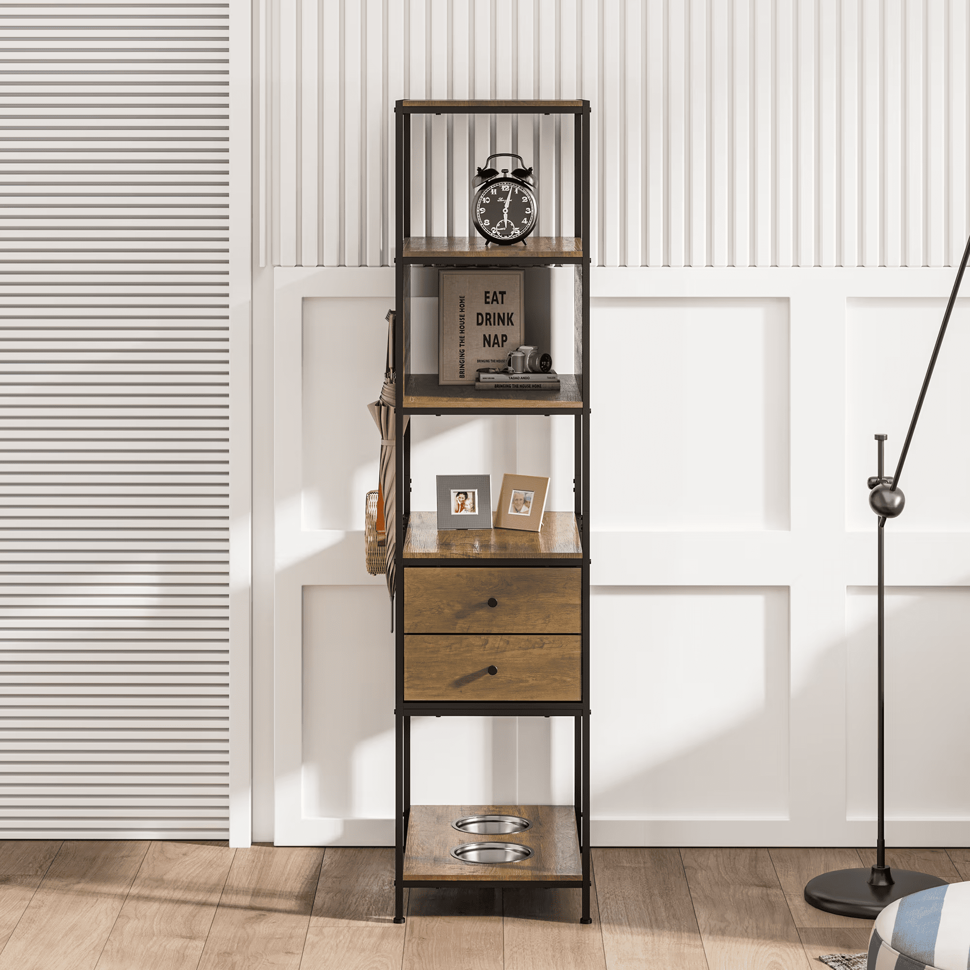 Industrial Bookshelf, Standing Display Shelf with 2 Dog Bowls, Metal and Wood Bookshelf, Dog Feeder Station with Shelves, Brown