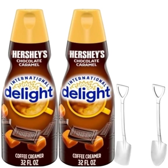 Candy Freezer Int'l Delight Shelf-stable Non-dairy Liquid Coffee Creamer.- Pack of Two (2) 32 fl oz Bottles (Chocolate Caramel) with Shovel Spoon