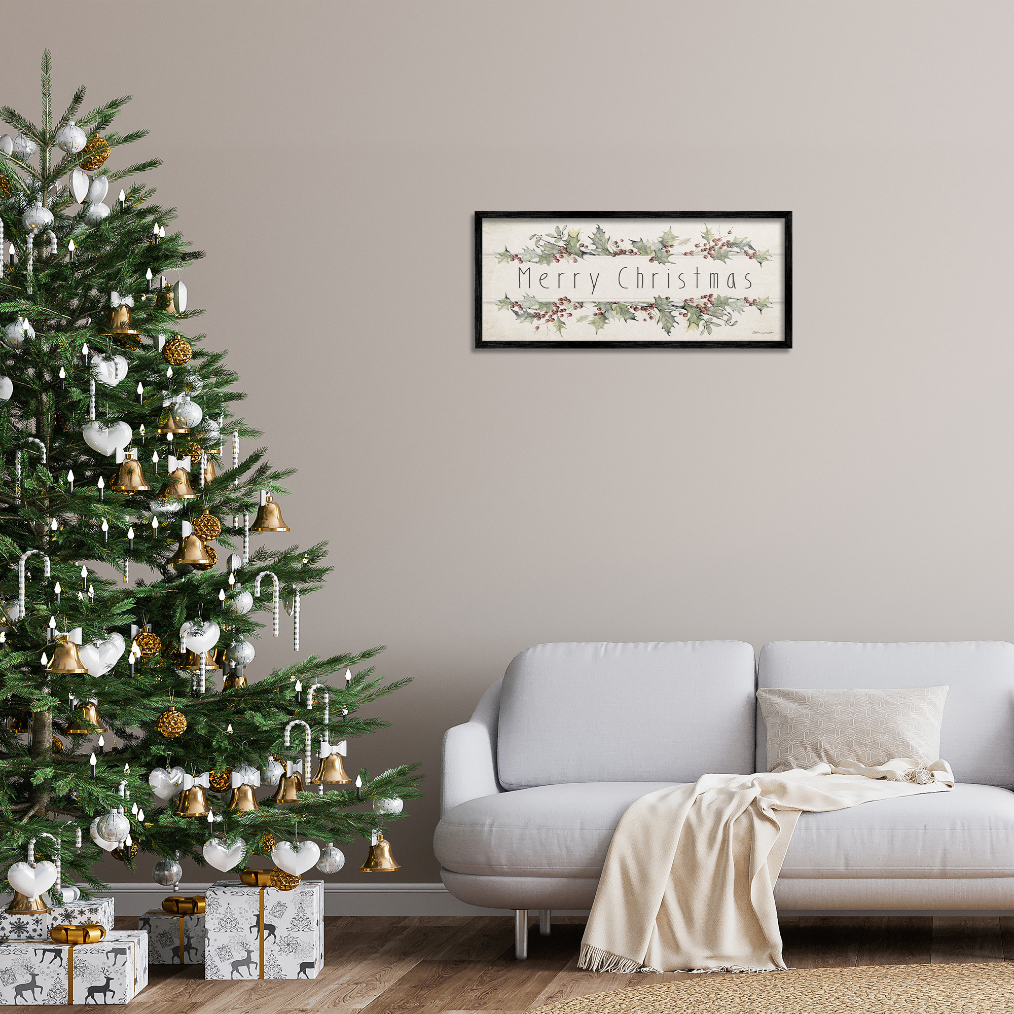 Stupell Industries Vintage Merry Christmas Sentiment Holiday Painting Black Framed Art Print Wall Art, 30 x 13