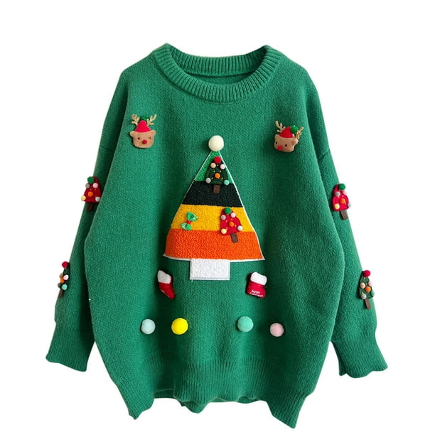 Suéter de cuello redondo para mujer, moda de manga larga, cuello redondo navideño, blusa holgada de tendencia, suéter de punto, suéter para mujer, top