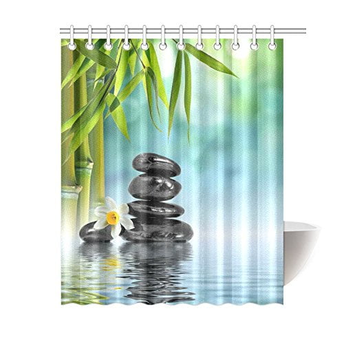 BPBOP Japanese Shower Curtain, Zen Stones Bamboo Polyester Fabric