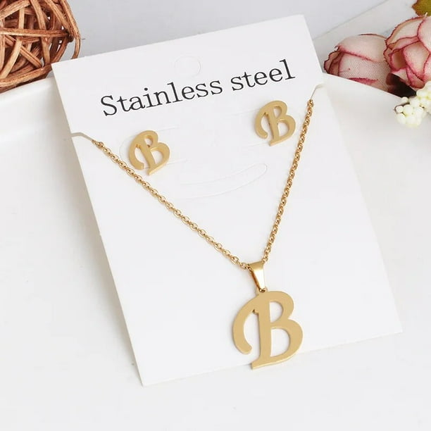 Collar con colgante de inicial de 26 letras de acero inoxidable para mujer, conjunto de joyería con cadena y pendientes de tuerca, Gargantilla con Nombre del alfabeto, regalo