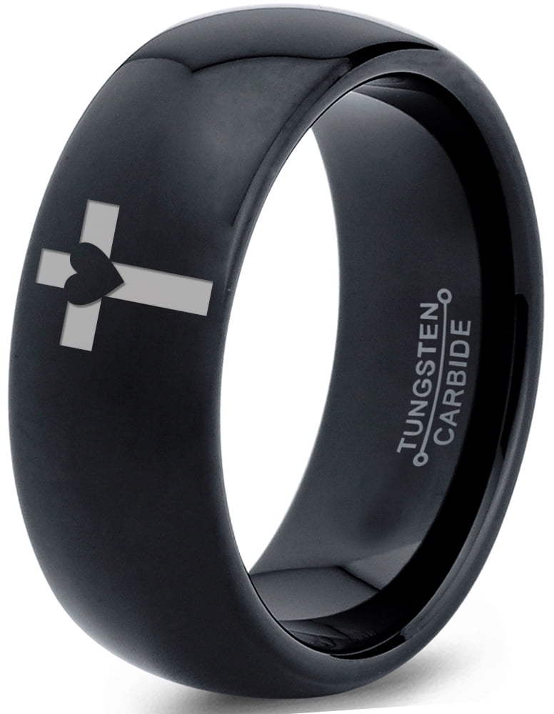 Tungsten Heart Cross Band Ring 8mm Men Women Comfort Fit Black Dome Polished