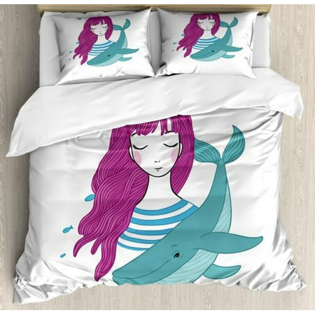 Double Duvet Cover For Teenage Girl Girls King Size Duvet Cover Set, Illustration of a Teenage Girl with Closed Eyes and a Funny Whale, Decorative 3 Piece Bedding Set with 2 Pillow Shams, Magenta Turquoise and Blue, by Ambesonne ()