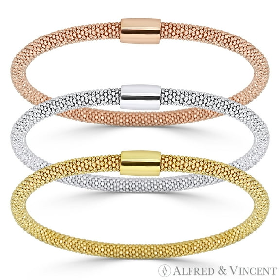 4mm Popcorn Link Chain Magnetic-Clasp Cuff Bangle in .925 Sterling Silver