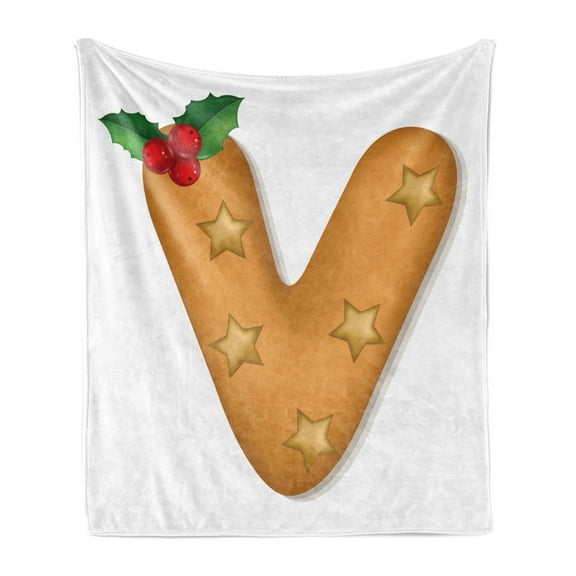 Christmas Alphabet Soft Flannel Fleece Throw Blanket, Xmas Cookie Like Letter V with Stars and Mistletoe Berries, Cozy Plush for Indoor and Outdoor Use, 60" x 80", Ginger Ruby and Green, by Ambesonne