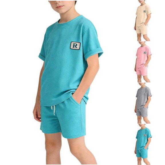 BXSRUTA Kids Casual Outfit Set Short Sleeve Round Neck Top with Elastic Waist Shorts Cotton Blend Breathable Toddler Boy Girl Clothing