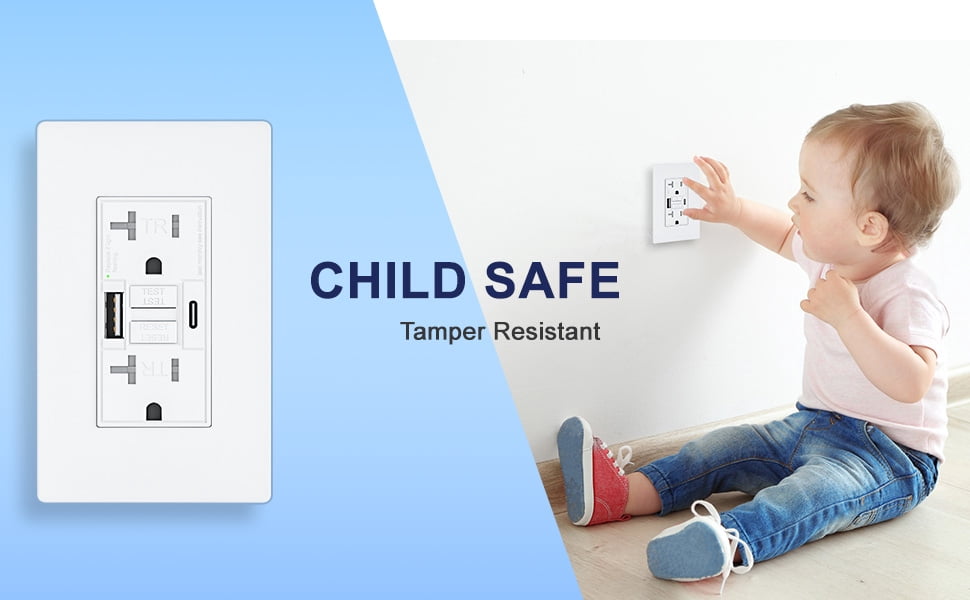20AMP GFCI Outlet with 4.8A/24W Type A & Type C USB Charging Ports, Self-Test, Tamper Resistant, GFCI Receptacle Outlet, Screwless Wall Plate Include, ETL Listed, White 2Pack