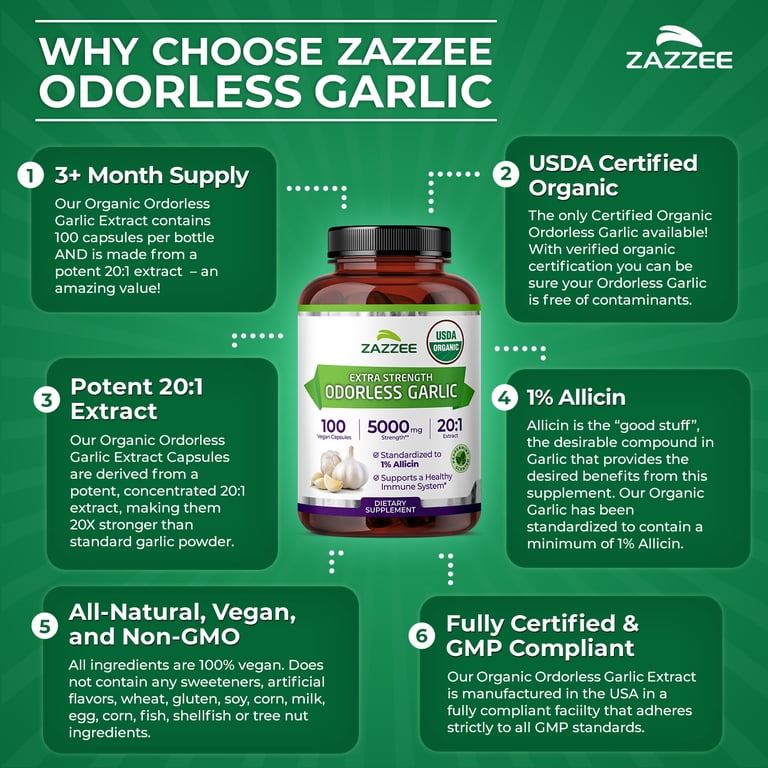 Zazzee Naturals Organic Odorless Garlic Extract 5000mg, 100 Vegan