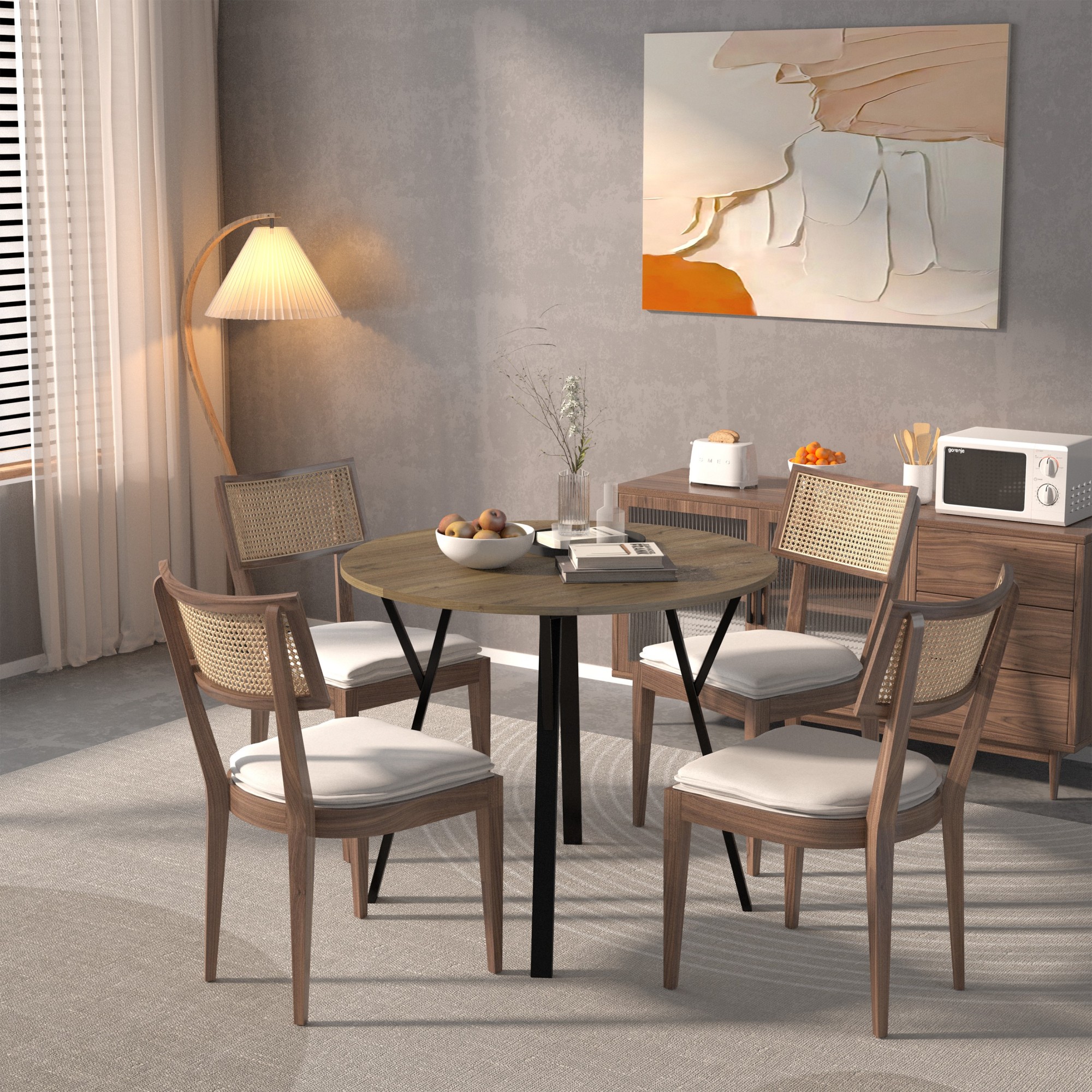 Modern Round Dining Table,35.43" Small Circle Kitchen Table with Metal Black Legs for 2-4 people,Brown