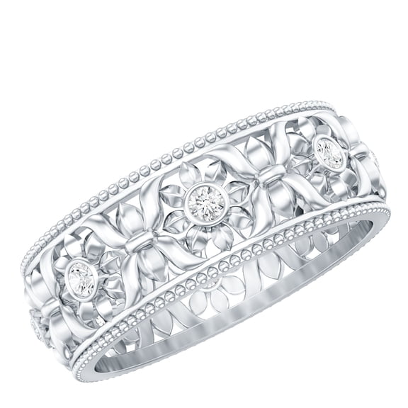 Rosec Jewels Lab Grown Diamond Flower Wedding Band for Women - Filigree Band Ring - EF-VS Quality Certified - With Jewelry Box, 925 Sterling Silver, US 4.00