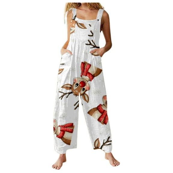 Women Christmas Outfit Stylish Women's Casual Christmas Print Jumpsuit Featuring Convenient Side Pockets For Everyday Comfort And Festive Seasonal Wear White 3XL