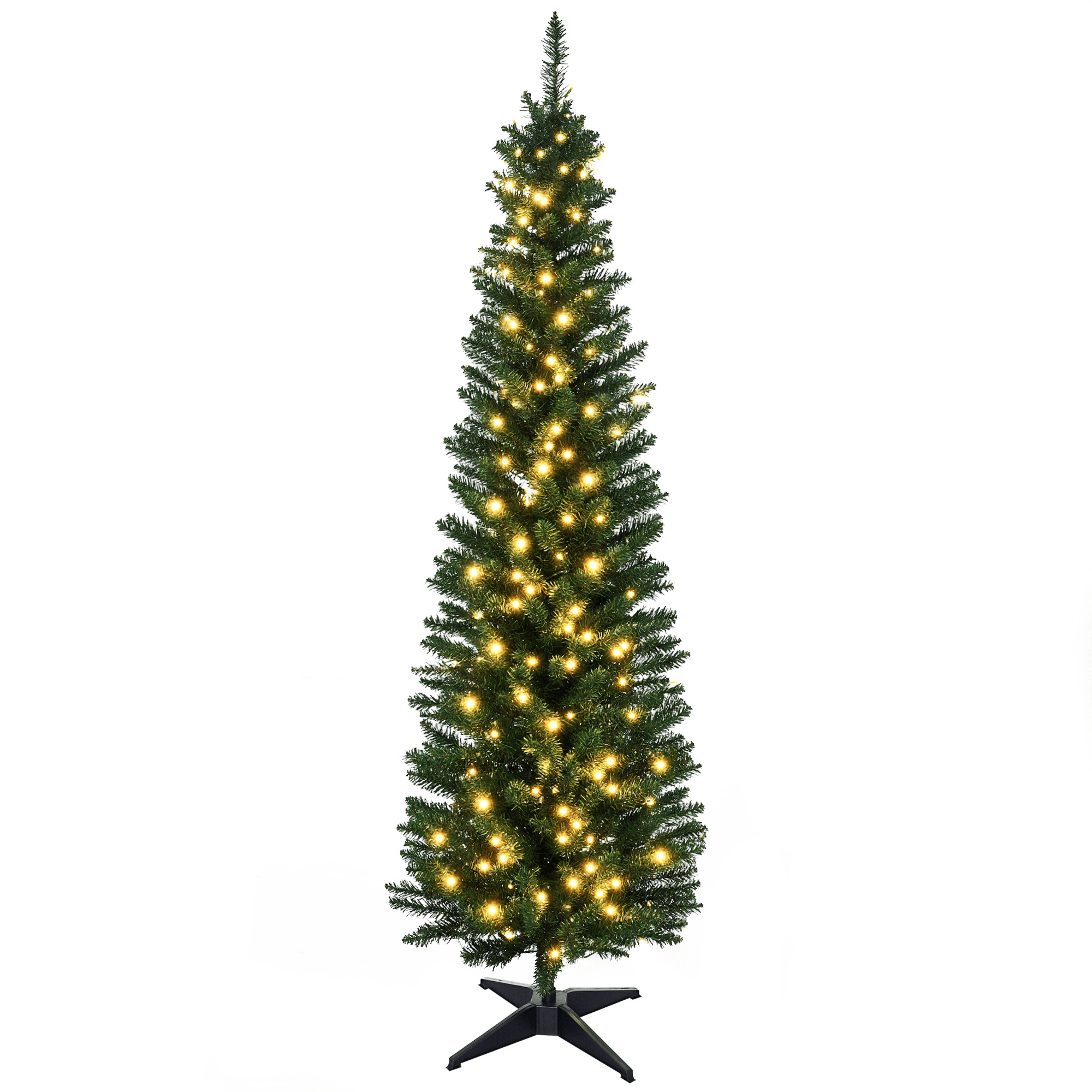 5FT Green Slim Pencil Artificial Christmas Tree, 294-499 PVC Tips with 110-200 Warm White LEDs, Section Design, Flame Retardant, Sturdy Base, Indoor Holiday Decor