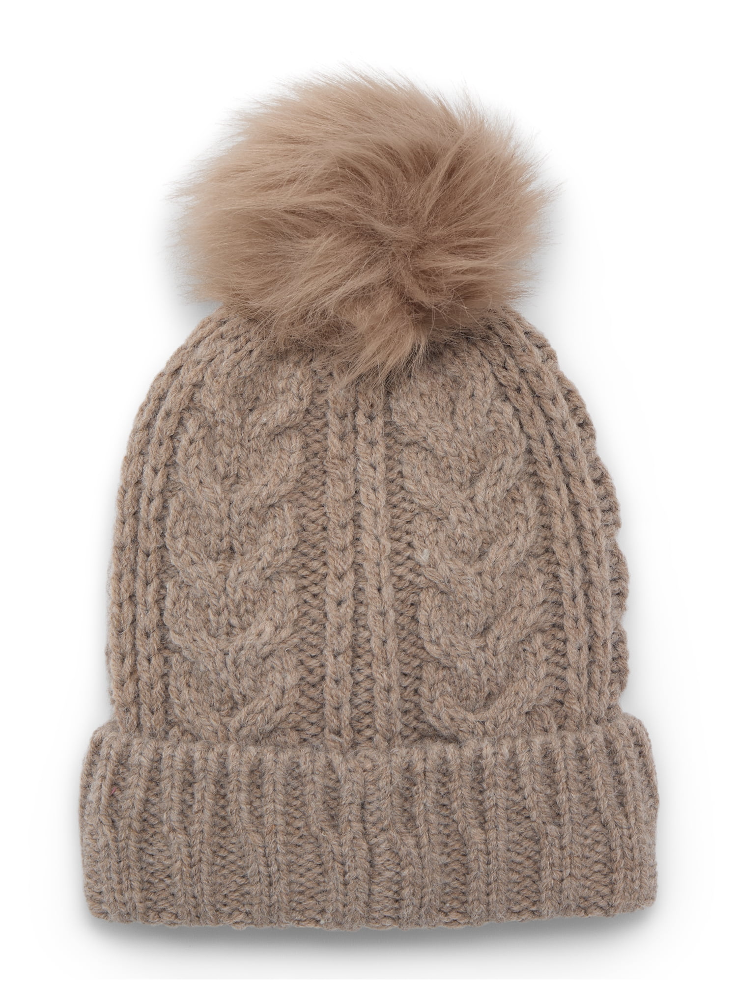 Time and Tru Women's Cable Pom Cuff Beanie, One Size Fits Most, Toasted Heather