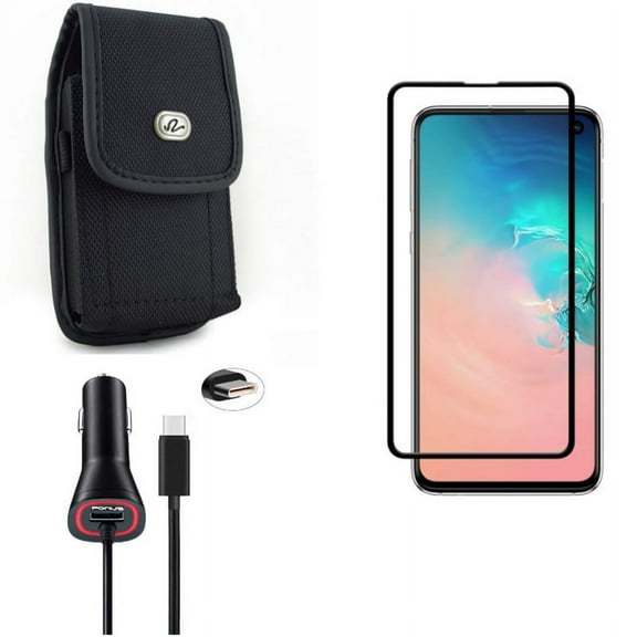 Galaxy S10e Screen Protector w Car Charger w Case Belt Clip - Tempered Glass 5D Curved Edge, 3.4A Type-C Power, Rugged Holster Canvas for Samsung Galaxy S10e Phone