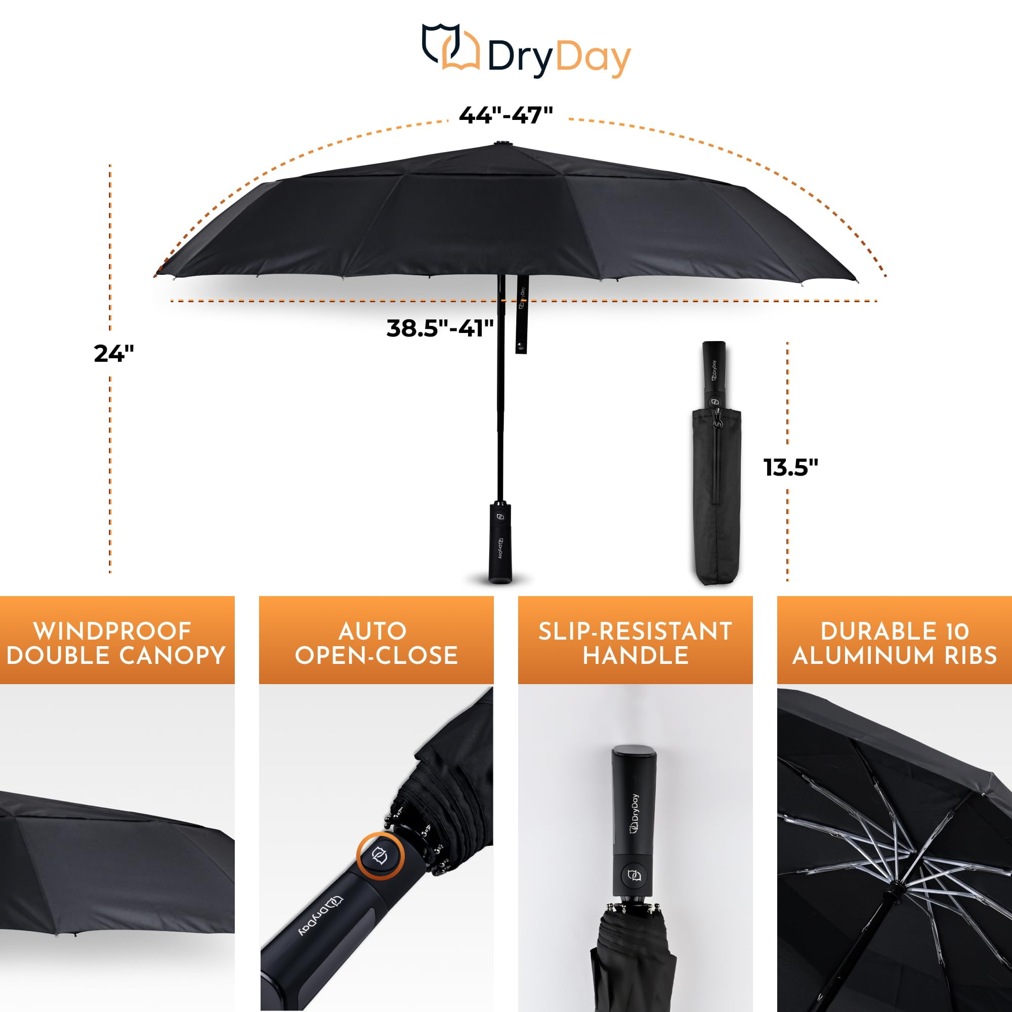 DryDay 47” Premium Umbrellas for Rain, Large Windproof Double Canopy Umbrella, 10 Aluminum Ribs, Sturdy Frame, Auto Open Close Unique Handle, Windproof & Waterproof Umbrella for Women & Men, Black
