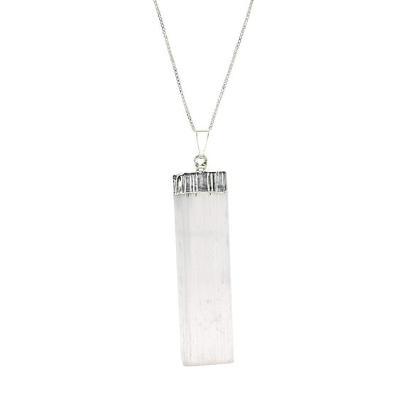 LTC Designs Raw Selenite Flat Pendant Necklace on Sterling Silver Box Chain, 18" for Unisex Adults