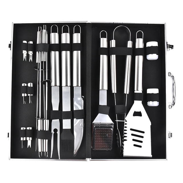 Juego de 18 herramientas para parrilla de barbacoa de alta resistencia: espátula, tenedor y pinzas de acero inoxidable extra grueso. Kit completo de accesorios para barbacoa en estuche de al