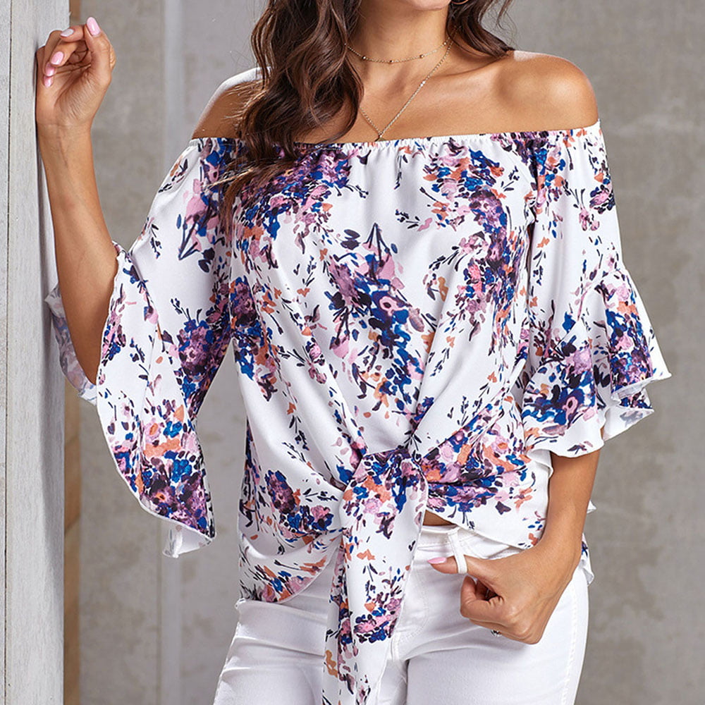 Clearance/Summer Blouse,Womens Casual Floral Printing Knot T-Shirt Short Sleeve Tops Jushye M, Blue 