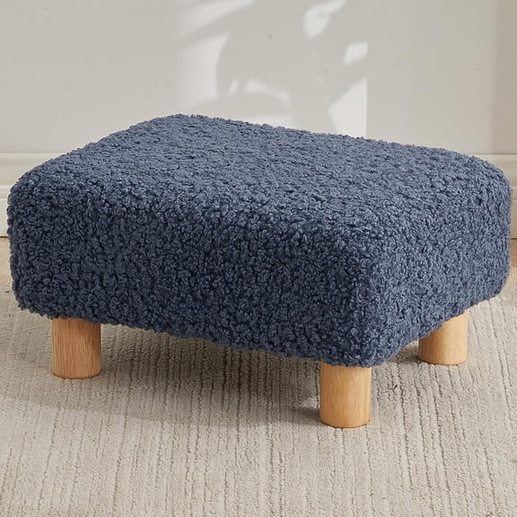 Sherpa Footstool Ottoman Rectangle Foot Rest for Couch Living Room Entryway or Bedroom Navy Blue
