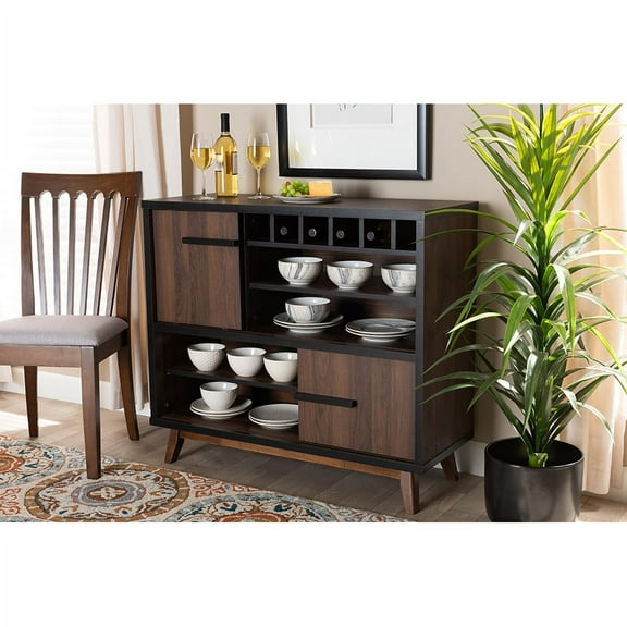Baxton Studio Margo Mid-Century Modern Two-Tone Walnut Brown and Black Finished Wood Wine Storage Cabinet