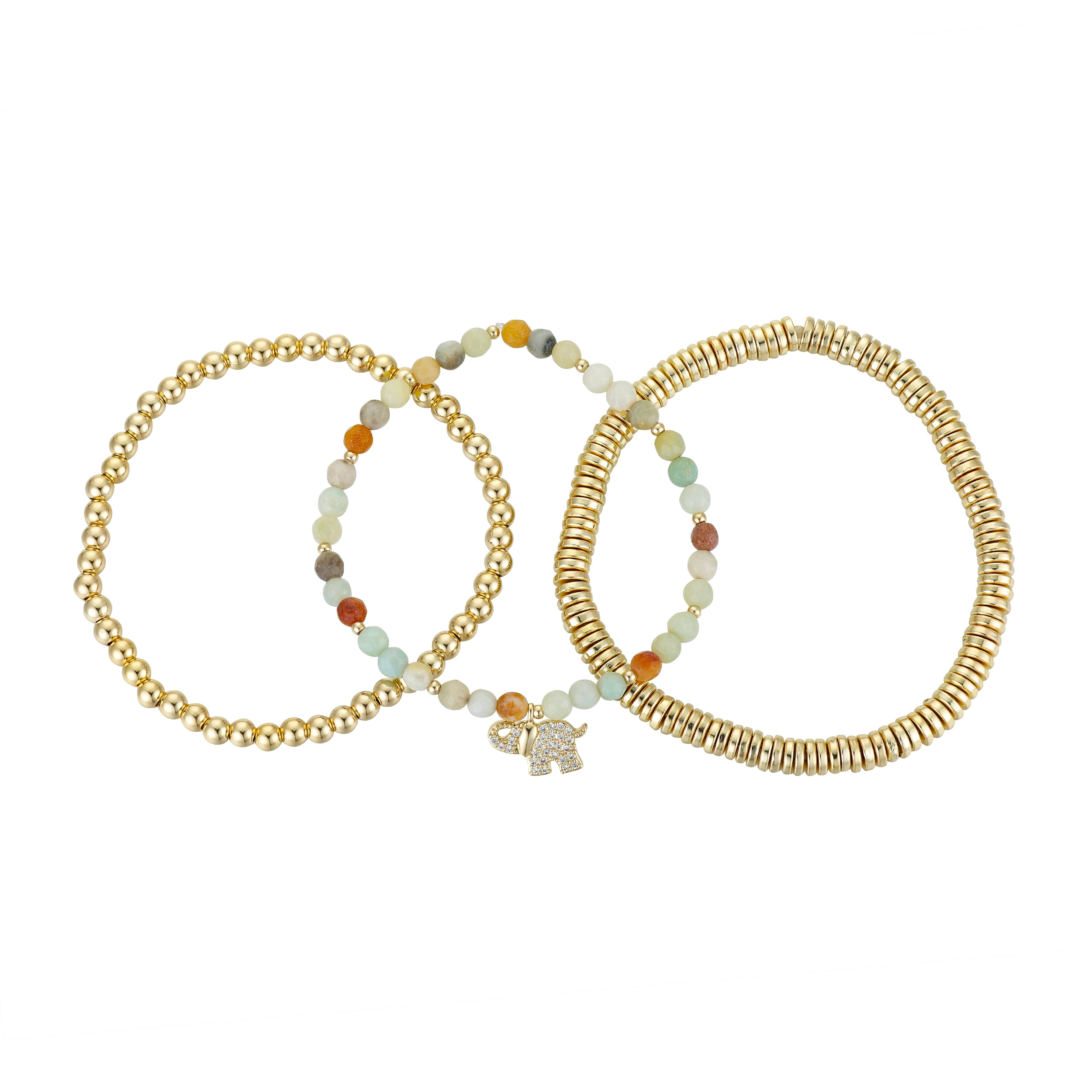 14Kt Gold Flash Plated Cubic Zirconia Amazonite Elephant Bracelet Set; 7.5' Stretch