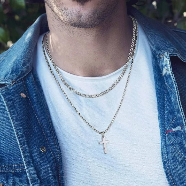 AUNOOL Cross Necklace for Men Mens Cross Necklaces Stainless Steel Layered Chain Cross Pendant Necklace Cuban Link Chain for Men Gold Chain for Men