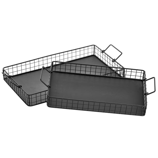 MyGift Black Metal Wire Nesting Serving Trays with Handles, Set of 2