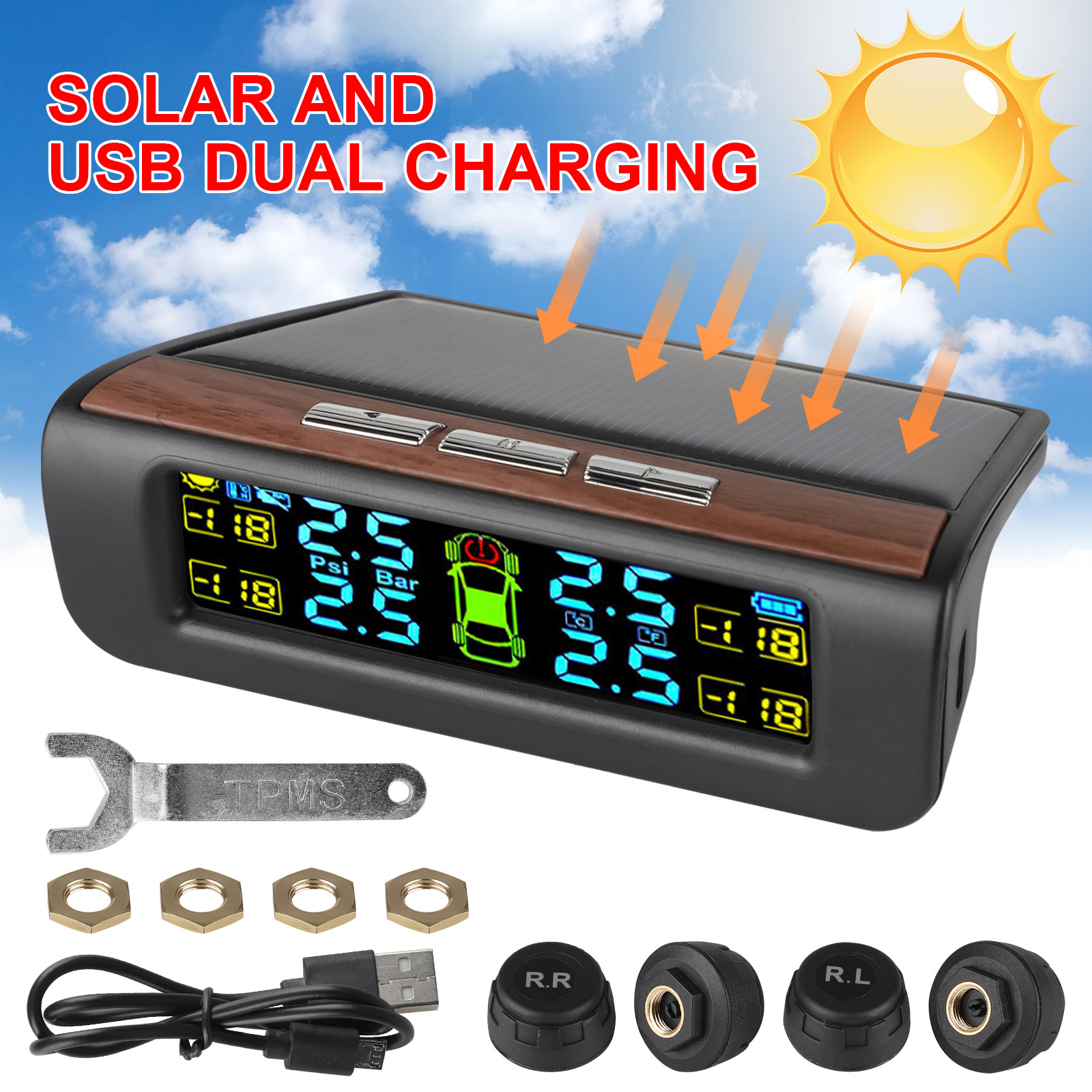 Invtek Solar Power RV TPMS Tire Pressure Monitoring System with 6 Wireless External Sensors for Truck//Tow Trailer//RV//Pickup Truck TPMS and Real-time Alarm Pressure with Temperature LCD Display