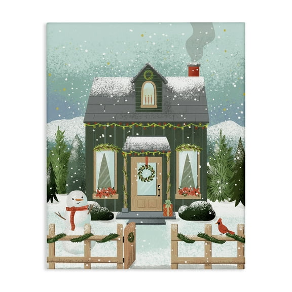 Stupell Industries Cozy Winter Cottage & Snowman Architecture Painting Wrapped Canvas Canvas Art Print Wall Art, 16 x 20