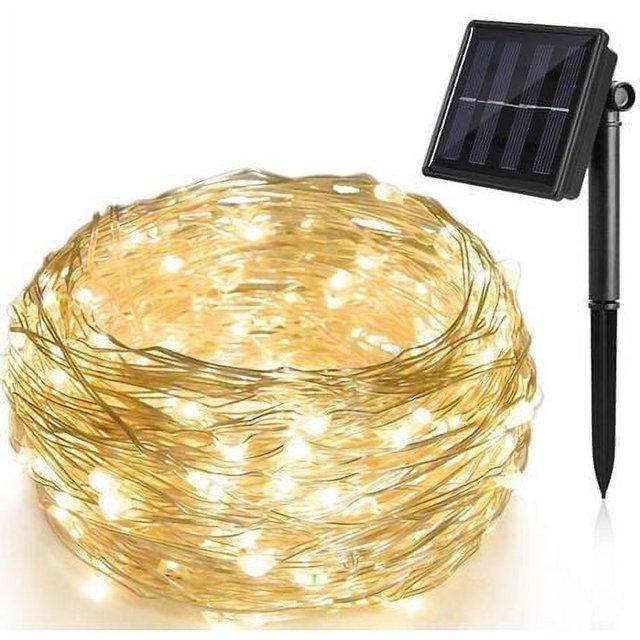 Guirnaldas de luces solares para exteriores, luces navideñas de 10 m, 100 luces LED decorativas solares, 8 patrones, impermeables, adecuadas para fiestas de bodas en el patio del árbol de
