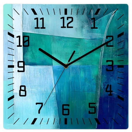 Teal Blue Oil Painting Wooden Wall Clock Silent Non Ticking, Modern Abstract Geometric Art Square Wall Clocks Battery Operated, Decor Clock for Home Office, Living Room, Kitchen, 10 Inch
