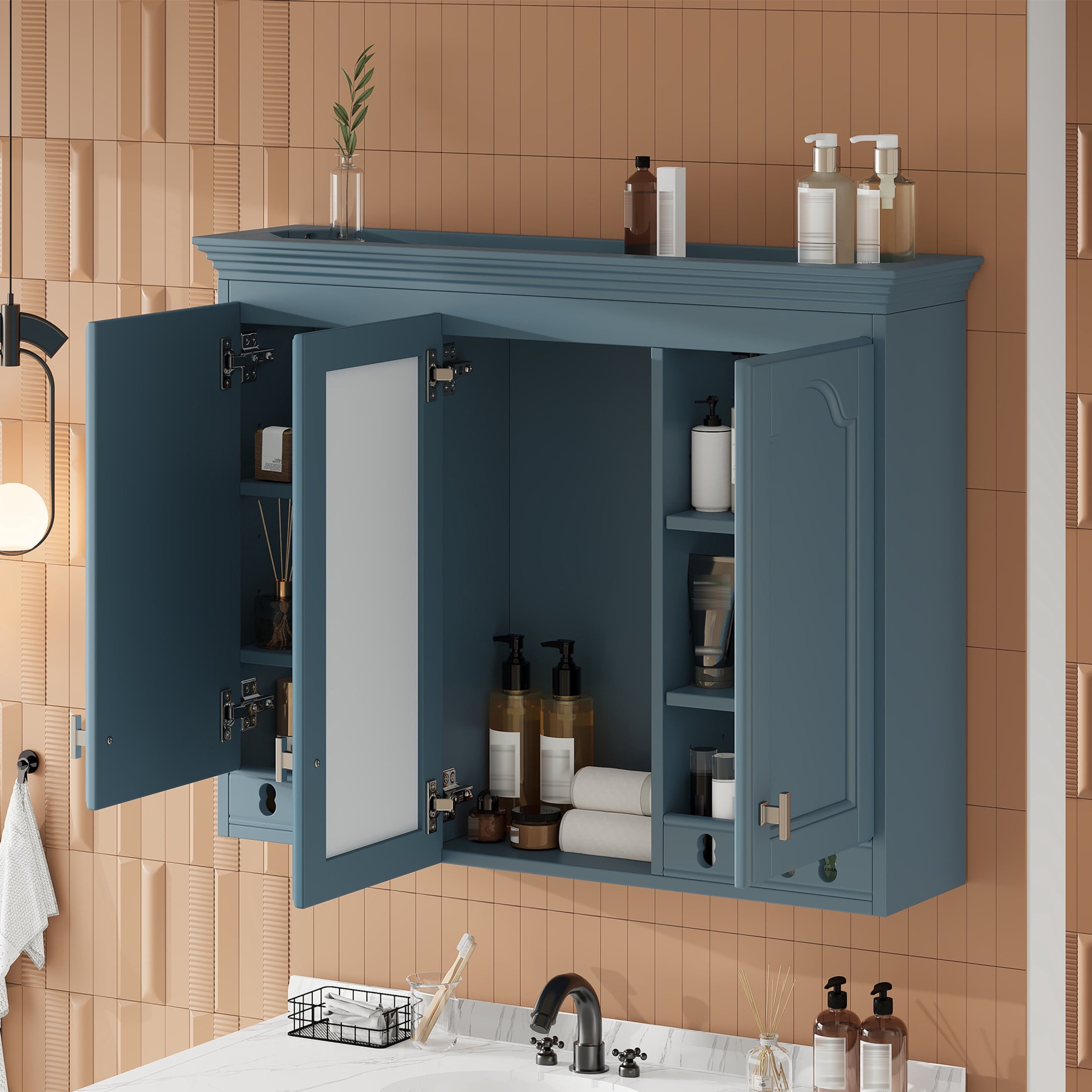Noble House 35" Wall Mounted Mirror Cabinet with Adjustable Shelves, Soft-Close Hinges, Blue