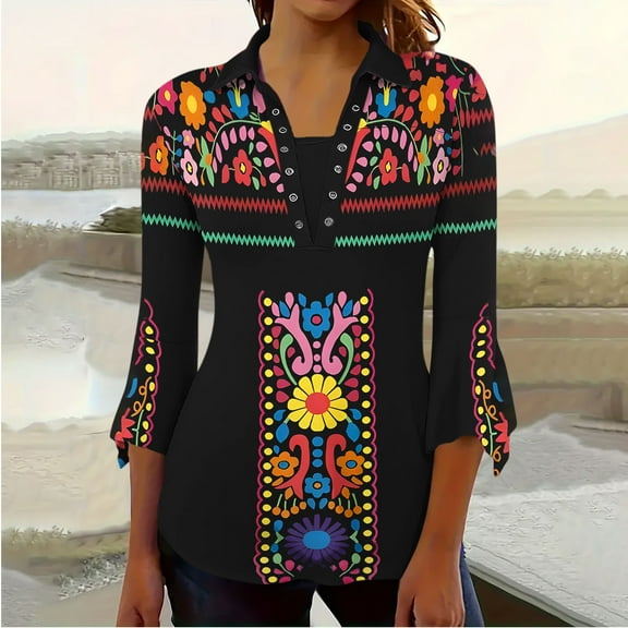 Viluyesy Women's 3/4 Sleeves T-Shirt Lapel Collar Shirt Tops Comfortable Fashionable Relaxed Lapel Collar Petal Loose Blouse Black Size XL