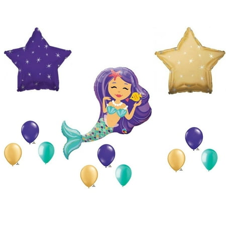 Mermaid With Purple Gold Stars Birthday Party Balloons