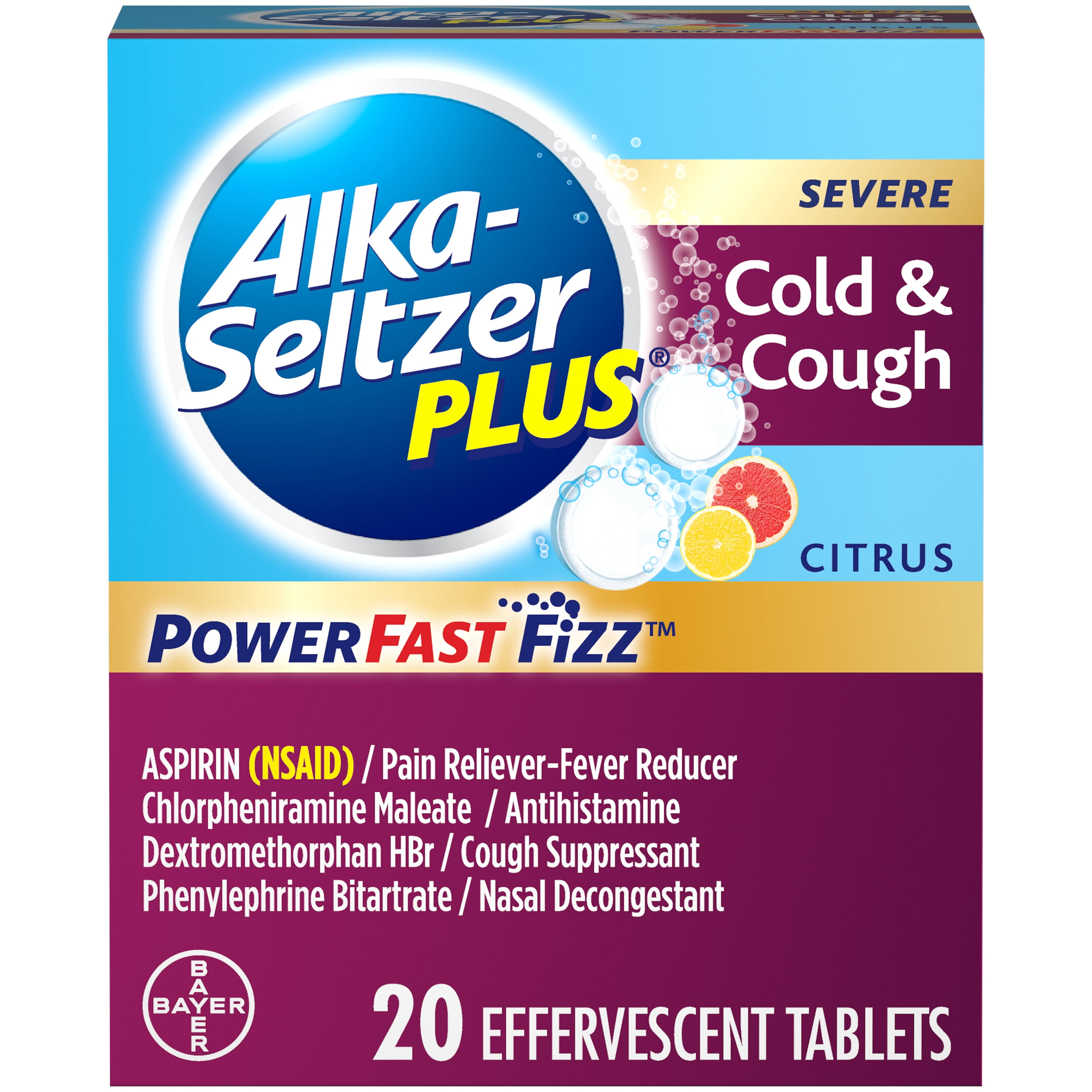 Alka-Seltzer Plus Severe Cold & Cough Medicine PowerFast Fizz Citrus Effervescent Tablets, 20 Count