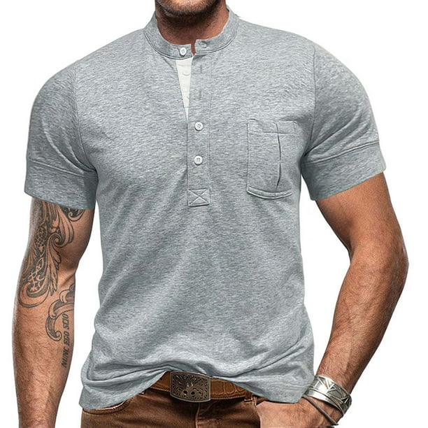 Camisas Elvqul de Hombre Liso Manga Corta Gris Economicas Algodón Botones Solapa Deportivas
