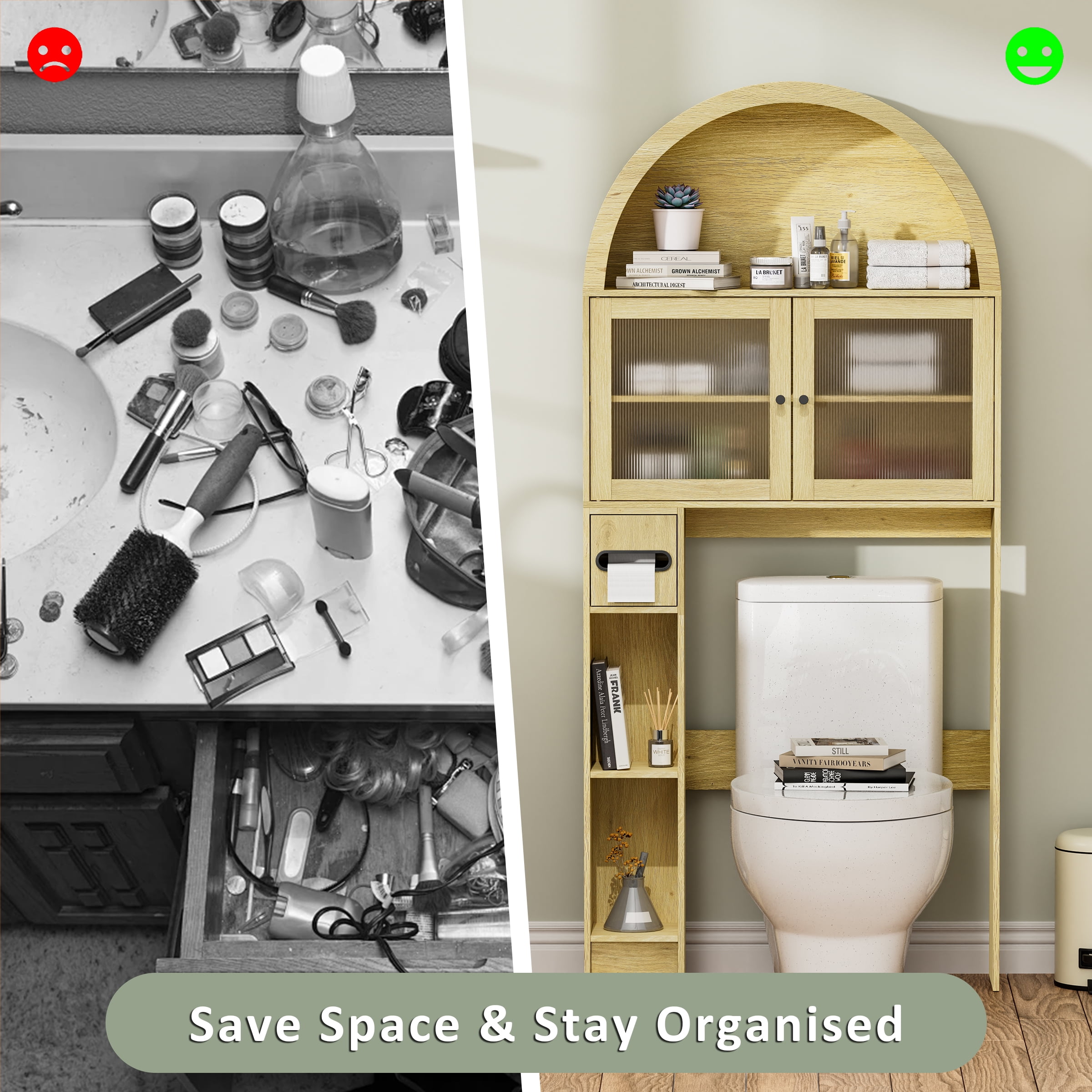 Over The Toilet Storage Cabinet, Over Toilet Cabinet 3-Tier Adjustable Shelves with Acrylic Doors, Freestanding Bathroom Organizer for Toiletries & Towels, Modern Arched Design Oak Wood